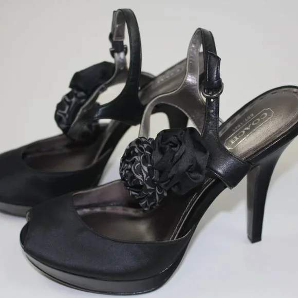 Coach Addysen Black Satin Rosette High Heels Peep Toe Womens Shoes Size 8 8B - Picture 4 of 7